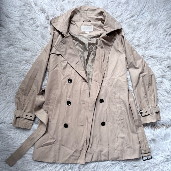 Michael Kors Belted Rain Trench Coat Jacket Hood Camel Tan eclectic Grandpa Sz S - Picture 2 of 13